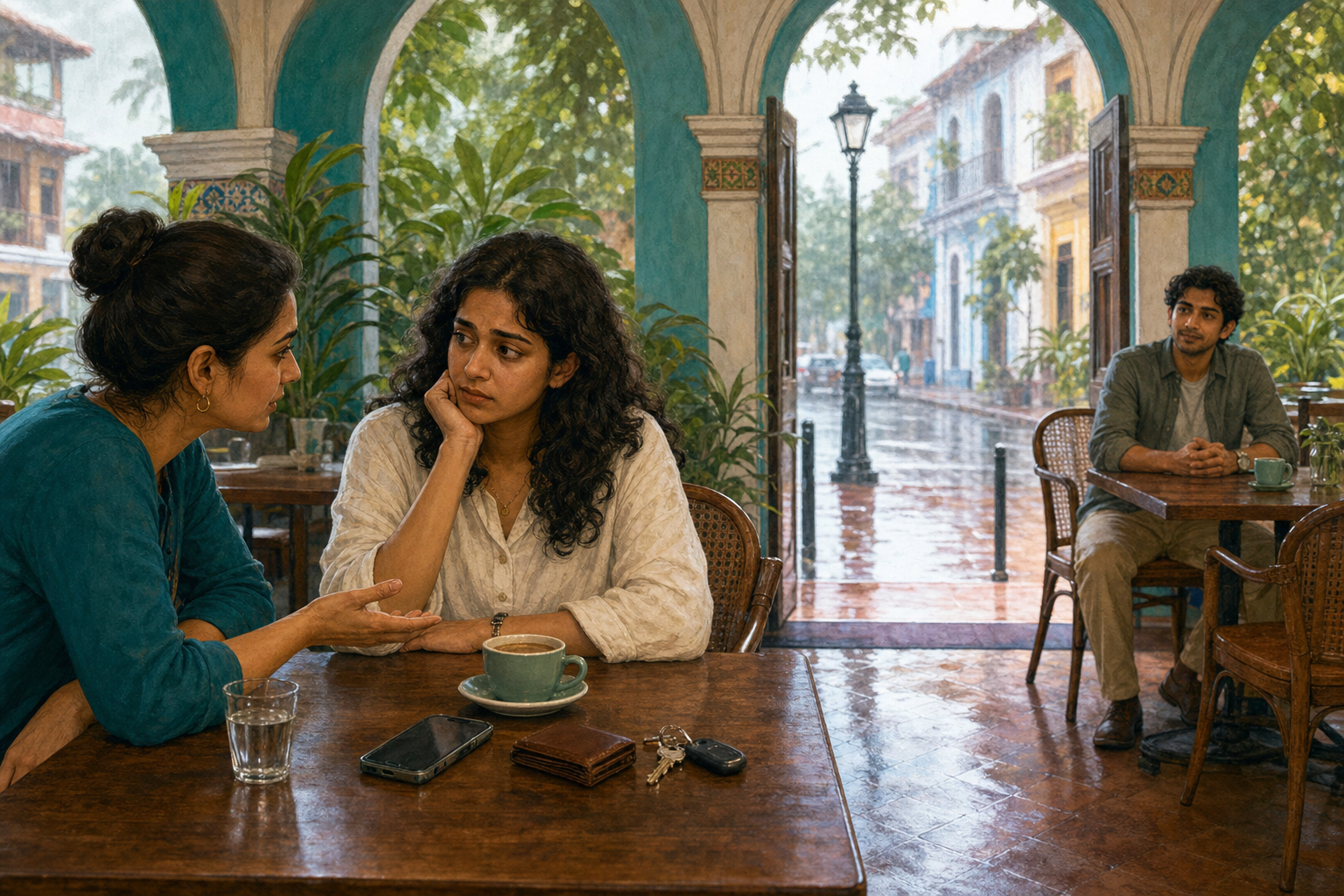 A concerned friend checks in with an adult at a Goan cafe while the adult's partner waits at a respectful distance.