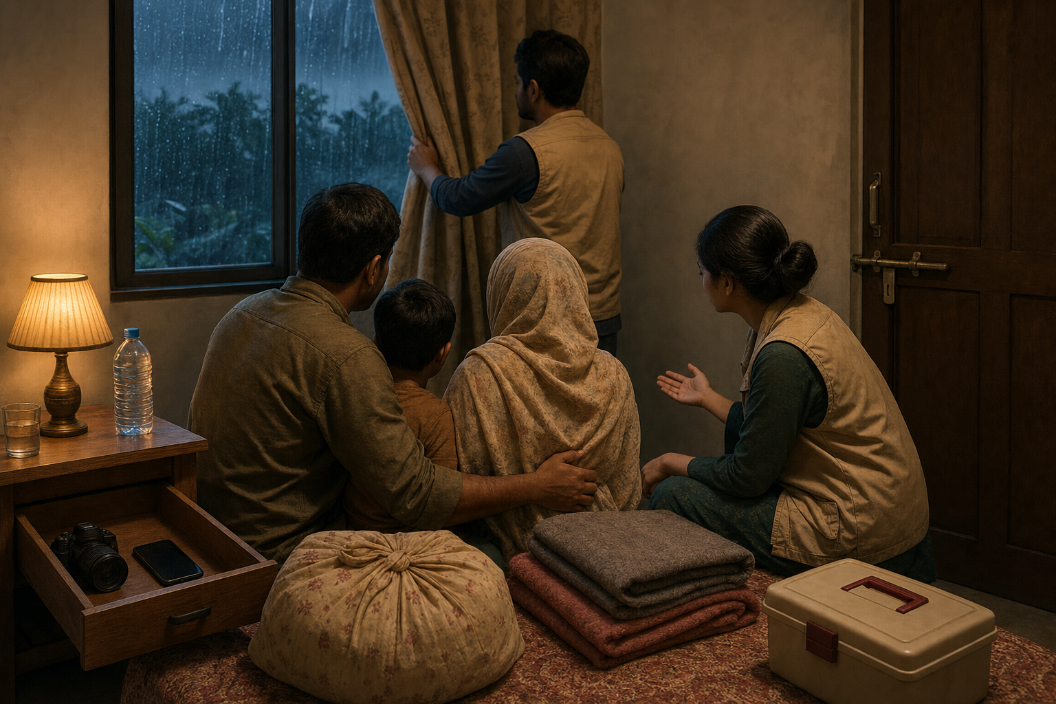 Volunteers close the curtains and secure recording devices while helping a family settle in a protected room.