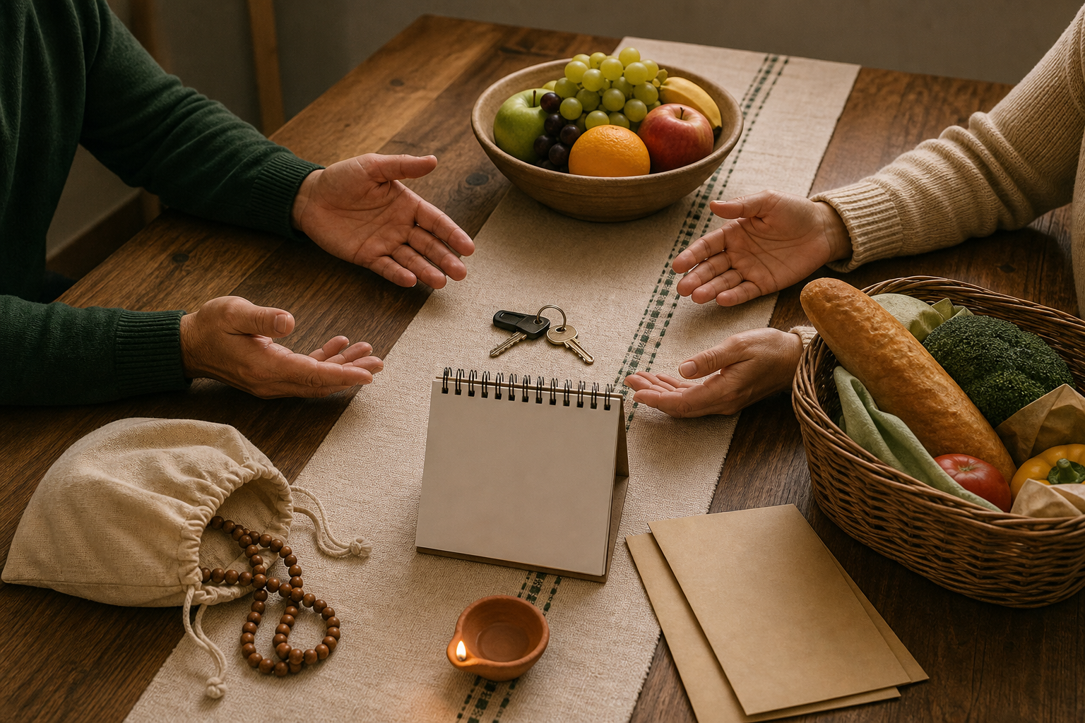 Two people gesture across a dining table holding prayer beads, house keys, groceries, blank envelopes, and a clay lamp.