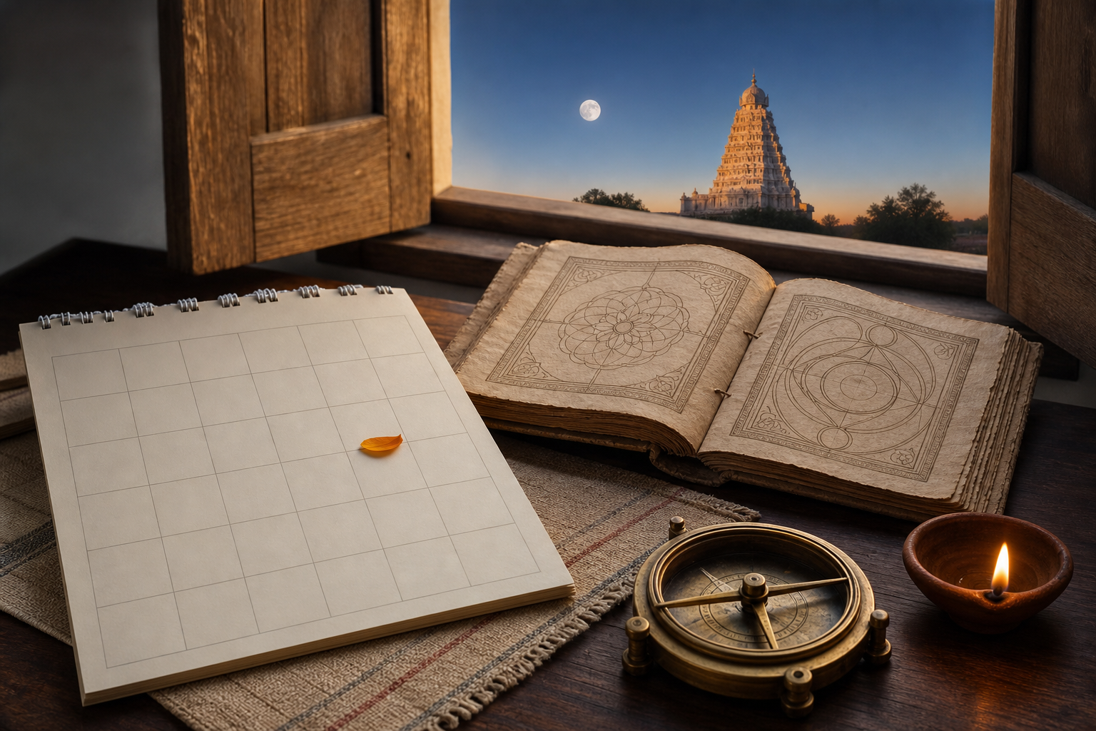 An unmarked calendar, open panchangam, brass astronomical instrument and oil lamp sit by a window as the full moon sets near a distant temple.