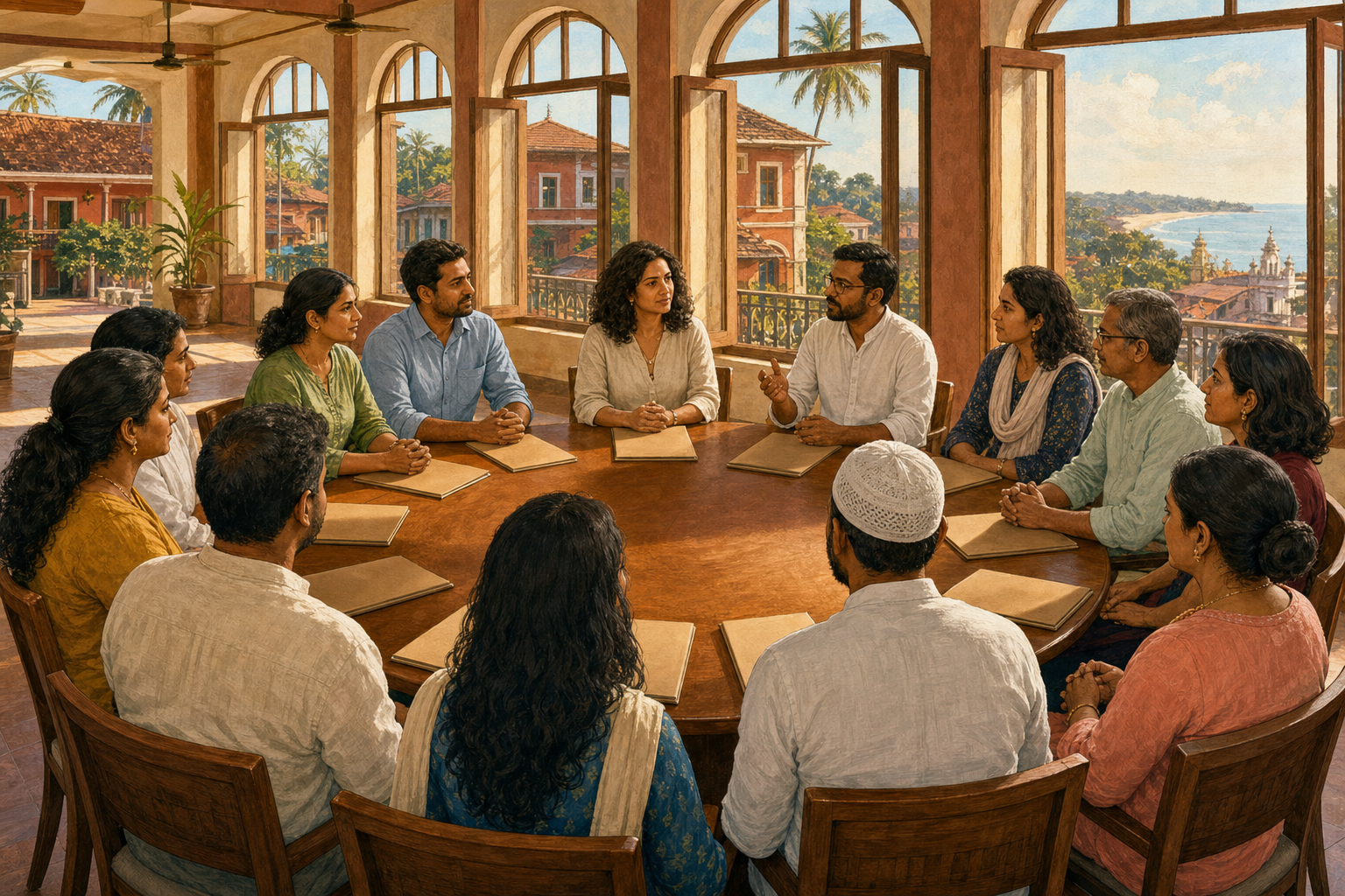 A diverse group of Goan residents and professionals participate in an orderly round-table discussion inside a public hall.