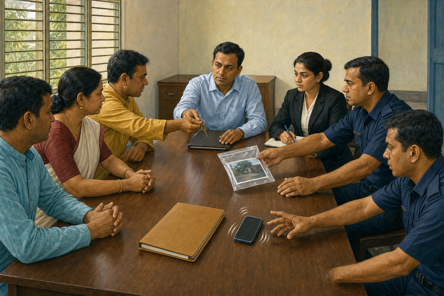 Community representatives, a lawyer, and public officials meet around a table with a key, evidence sleeve, phone, and case folder.