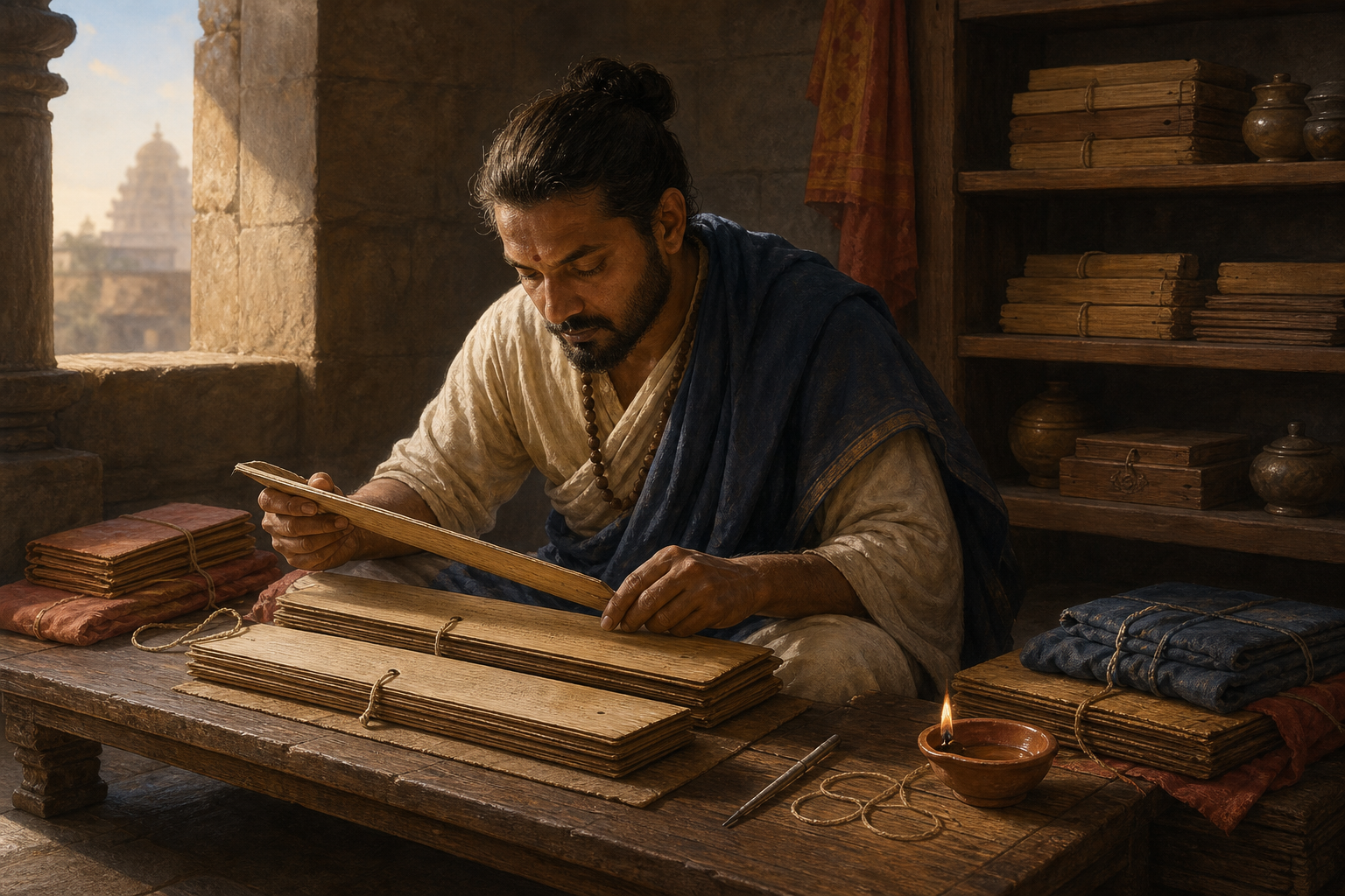 An anonymous scholar carefully compares layered palm-leaf manuscript bundles at a low desk beside an oil lamp.