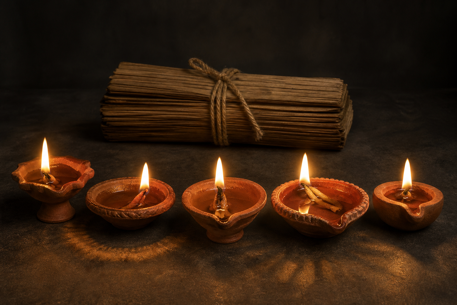 Five differently shaped clay lamps cast distinct patterns of light beside a closed palm-leaf manuscript bundle.