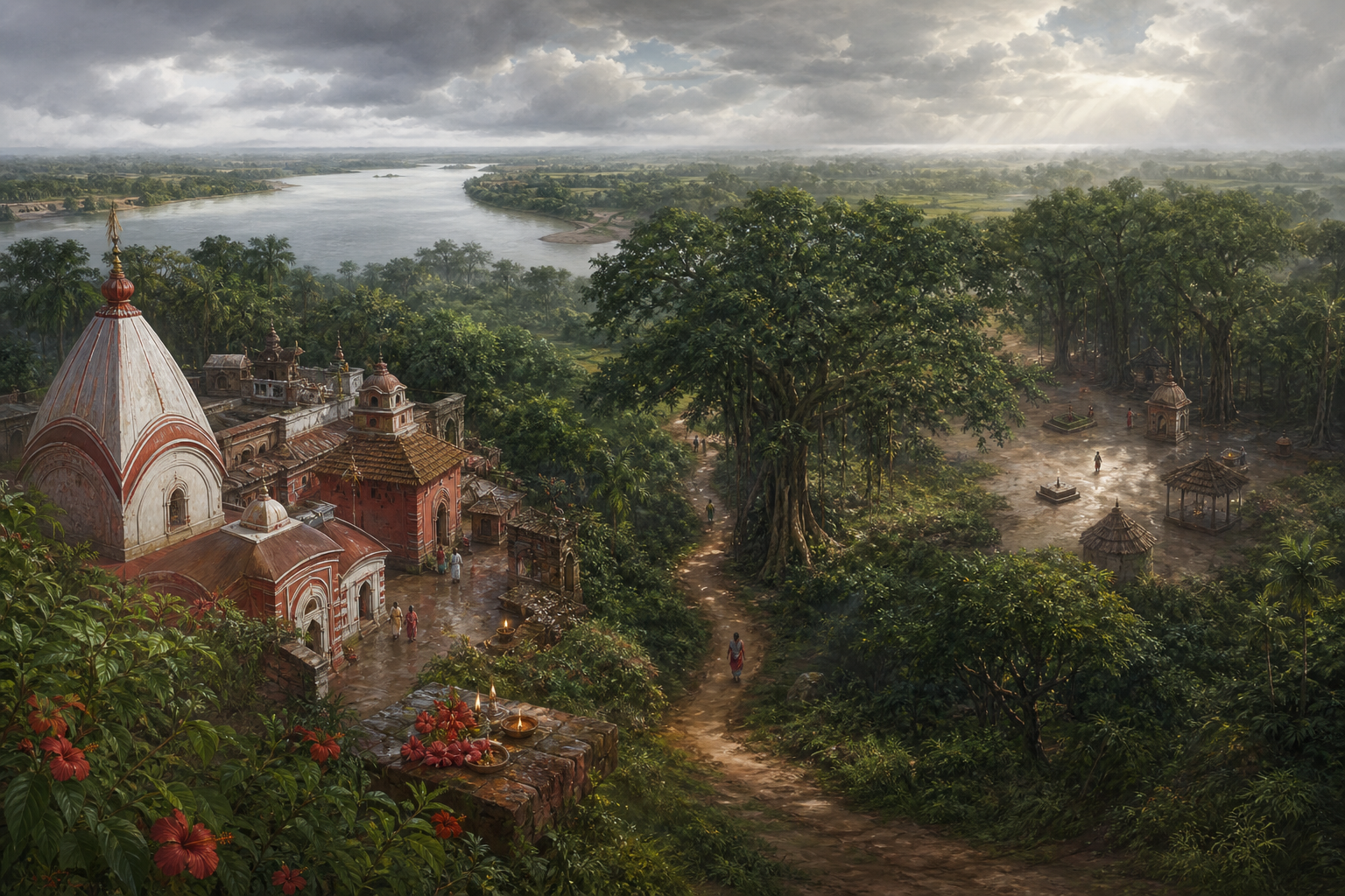 Elevated view of Tarapith showing the temple settlement, wooded cremation ground, earthen paths, and the Dwarka River within the Bengal landscape.