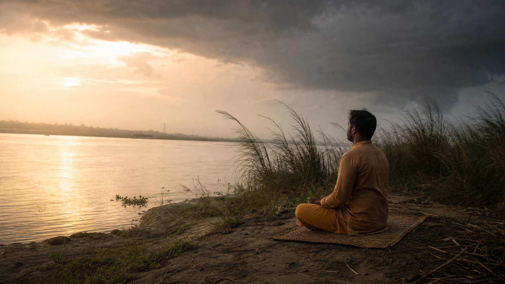 A person meditates on a woven mat beside a river as storm clouds recede and morning sunlight reaches the bank.
