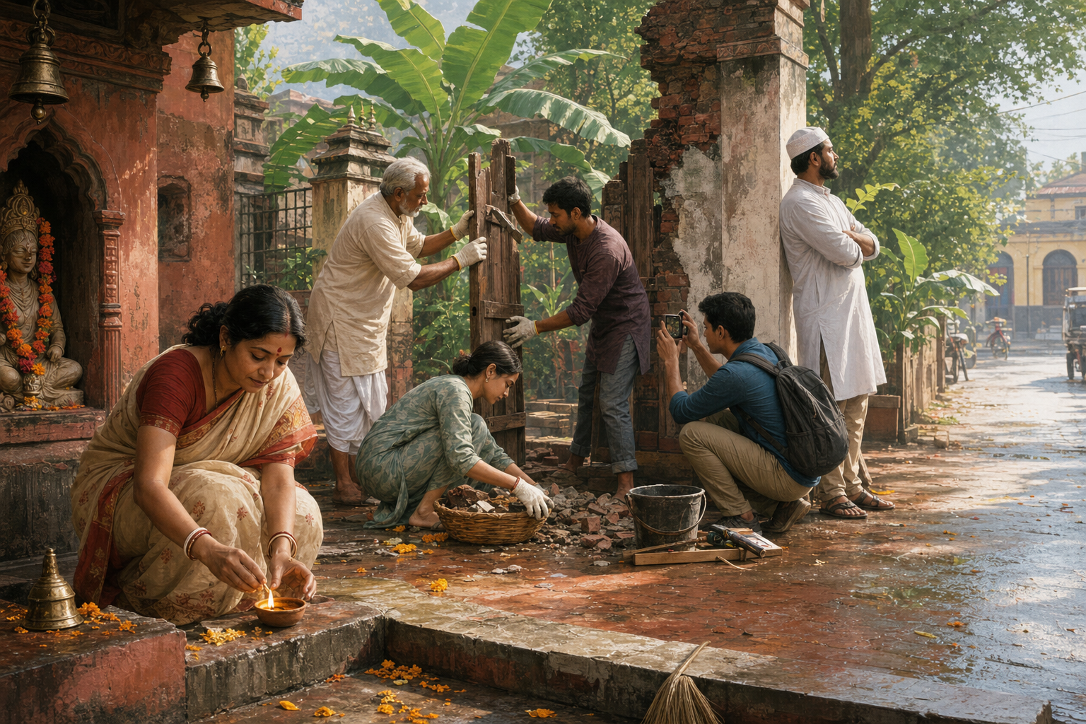 Neighbors repair a broken temple gate, clear debris, document damage, and relight an oil lamp in a courtyard.