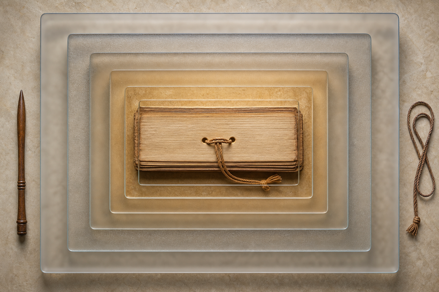 A blank palm-leaf folio sits within six translucent nested frames that reveal progressively finer visual detail.