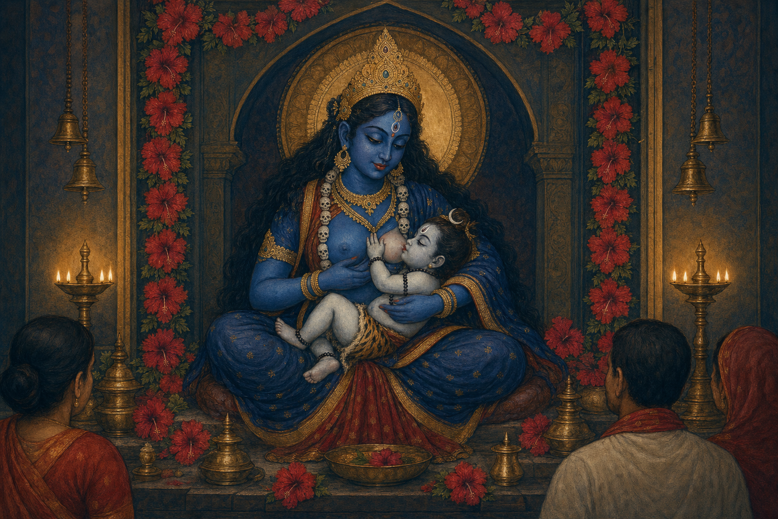 A devotional illustration shows blue Tara as the Divine Mother nursing the infant Shiva in a lamp-lit sanctum decorated with red hibiscus.