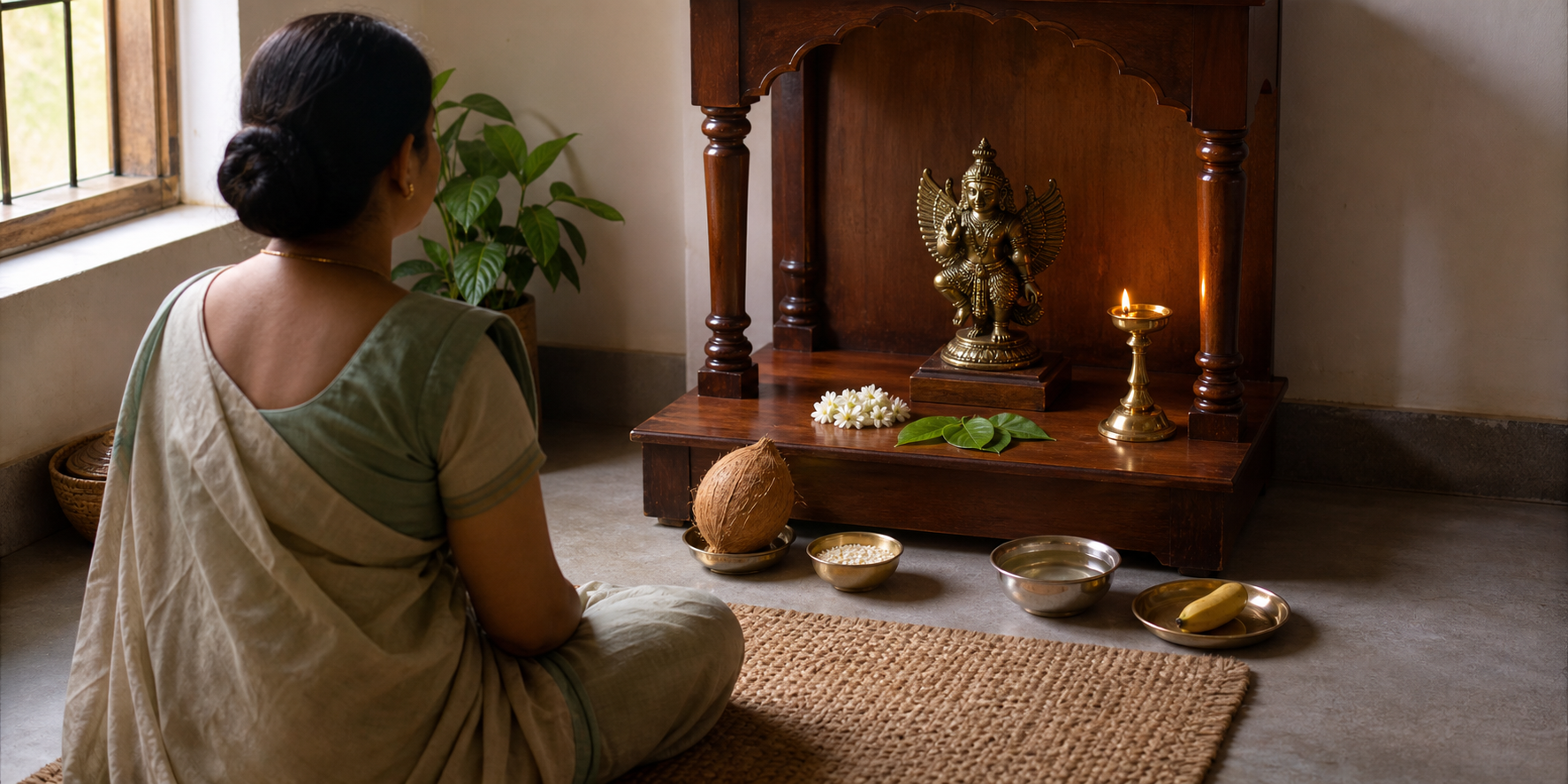 A devotee sits before a simple home altar with a Sharabha murti, brass lamp, water, bilva leaves, jasmine and fruit.