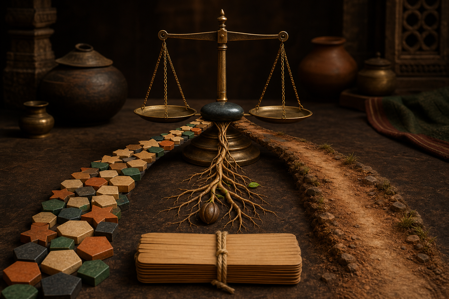 A balanced bronze scale stands above a blank manuscript while geometric pieces, branching roots, and a worn path converge at its center.