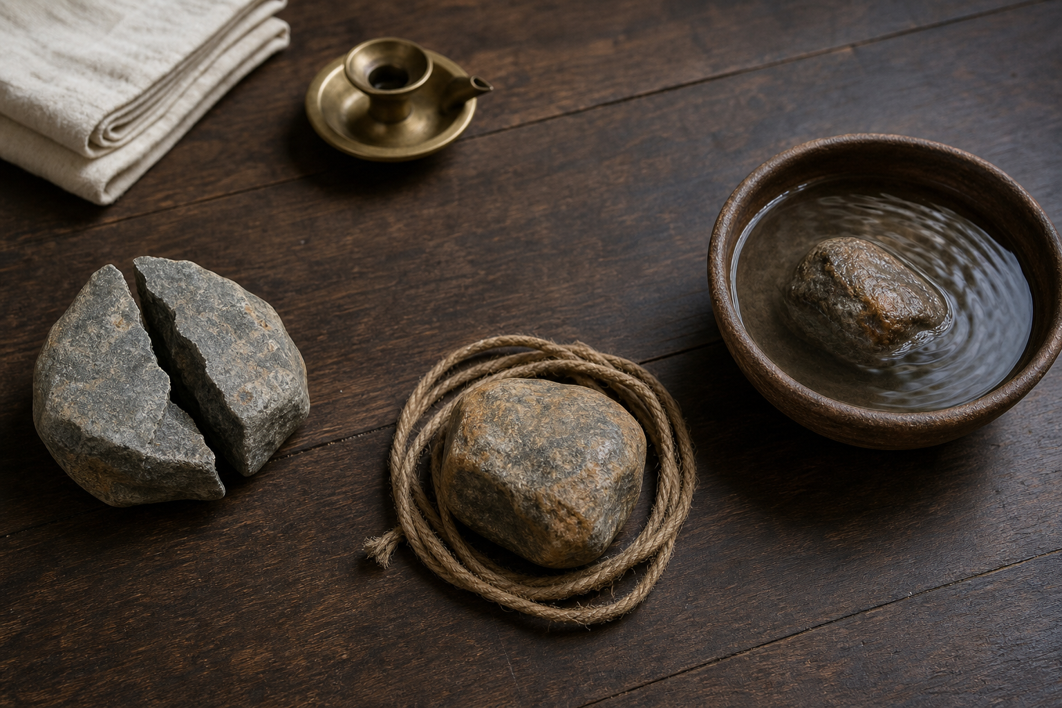 Three weathered stones, including a fractured stone, a cord-bound stone, and a stone in water, rest in a quiet meditation room.