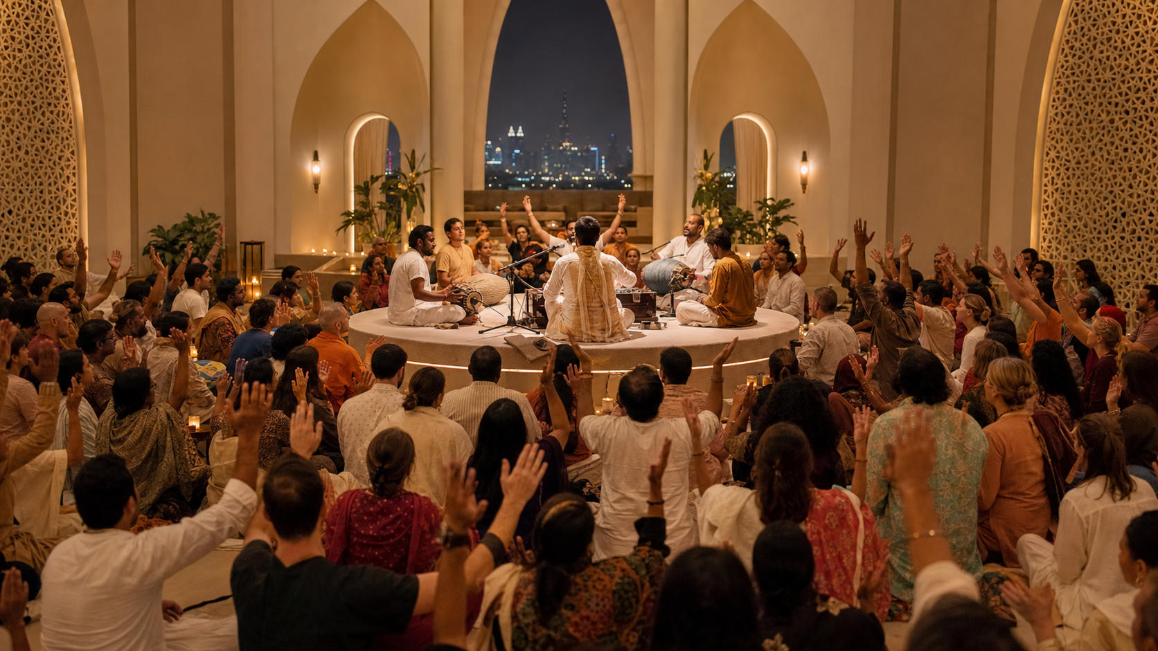 A devotional singer and musicians lead a seated congregation in kirtan inside a warmly lit contemporary hall in Dubai.