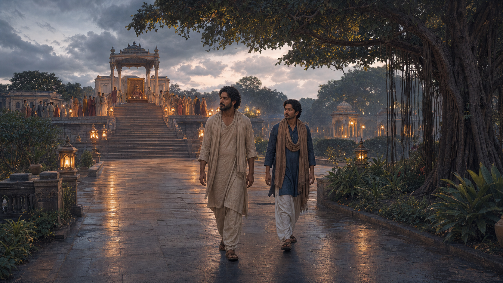 A person steps down from a ceremonial platform while most guests stay near the elevated seat and one companion walks away beside them.