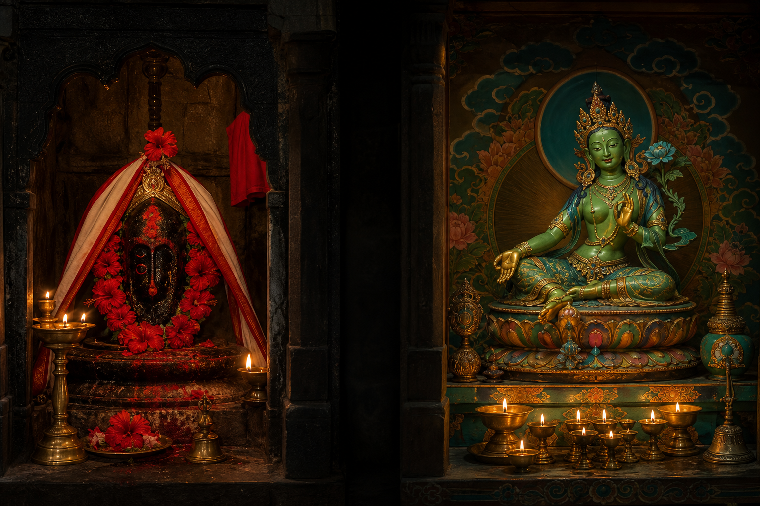 Two distinct shrines appear side by side: a Bengali Shakta altar with hibiscus and lamps, and a Himalayan Buddhist shrine with green Tara seated on a lotus.