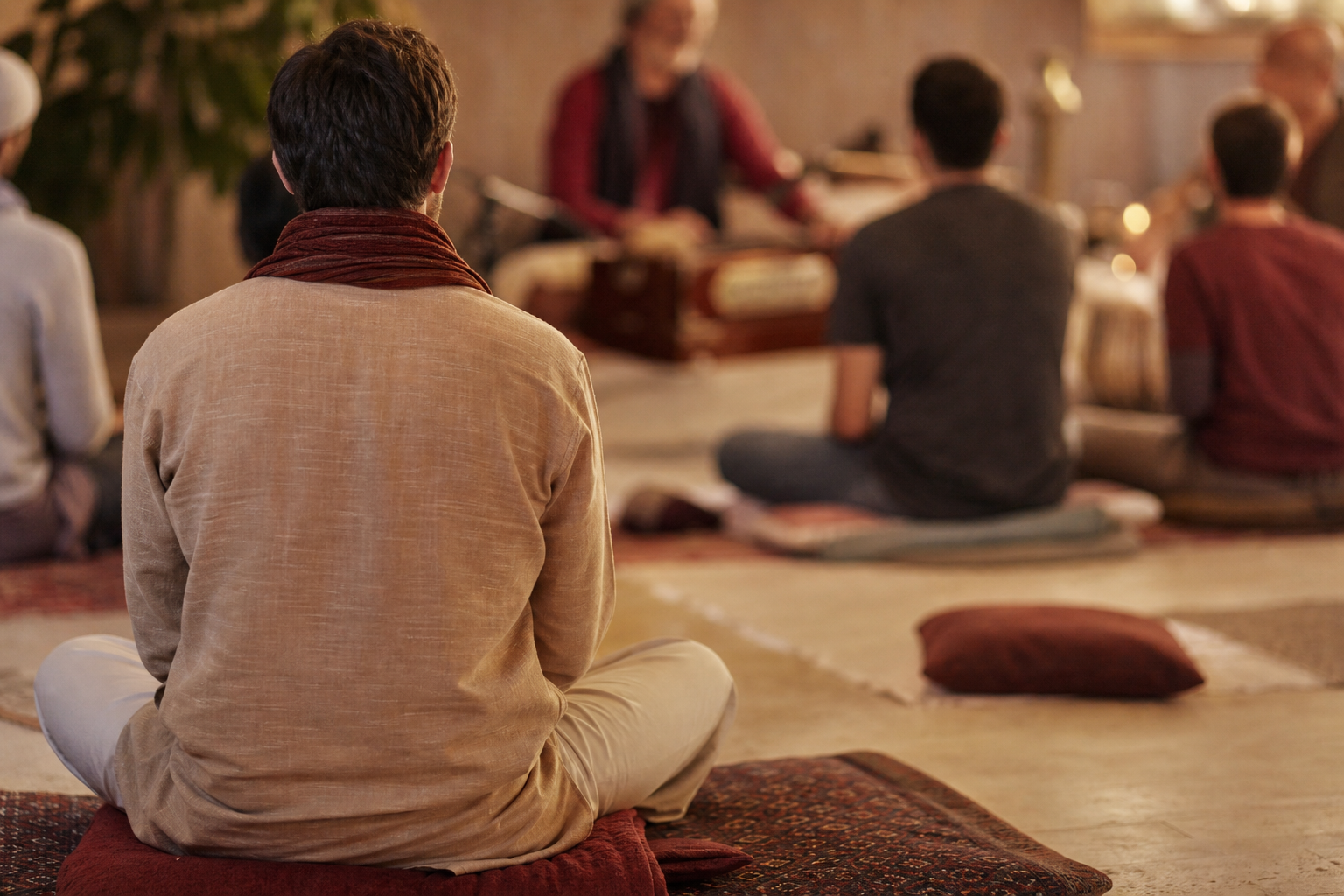 A seated listener faces a softly lit kirtan circle with a harmonium, hand drums, and gathered participants.