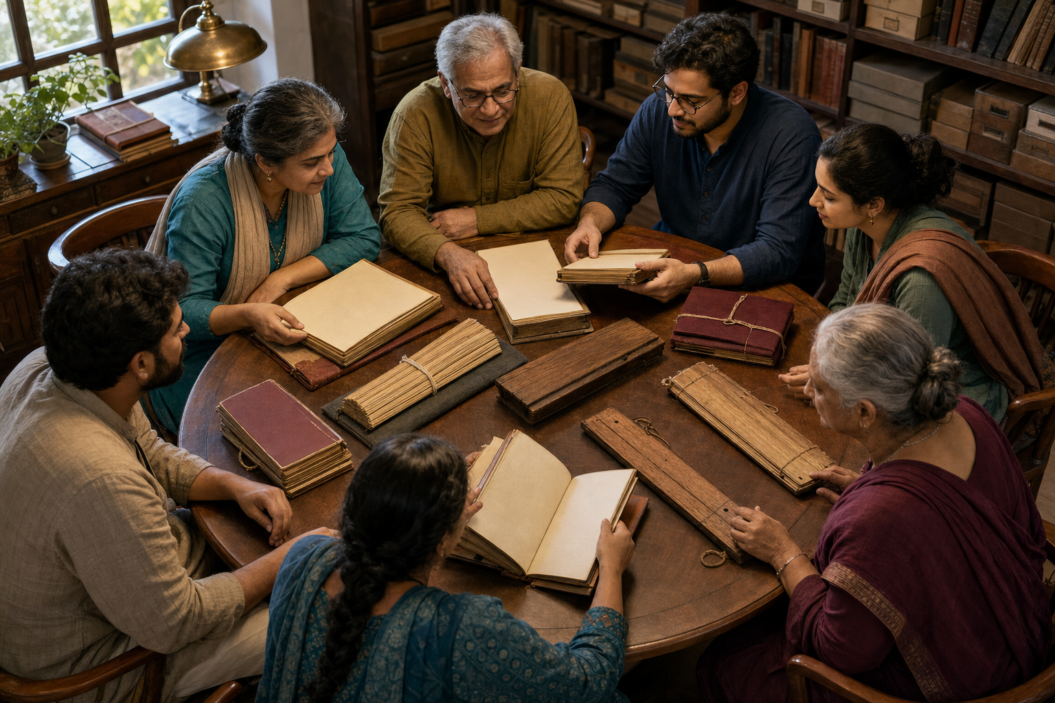 A multigenerational group of Indian readers compares several manuscript bundles together at a circular library table.