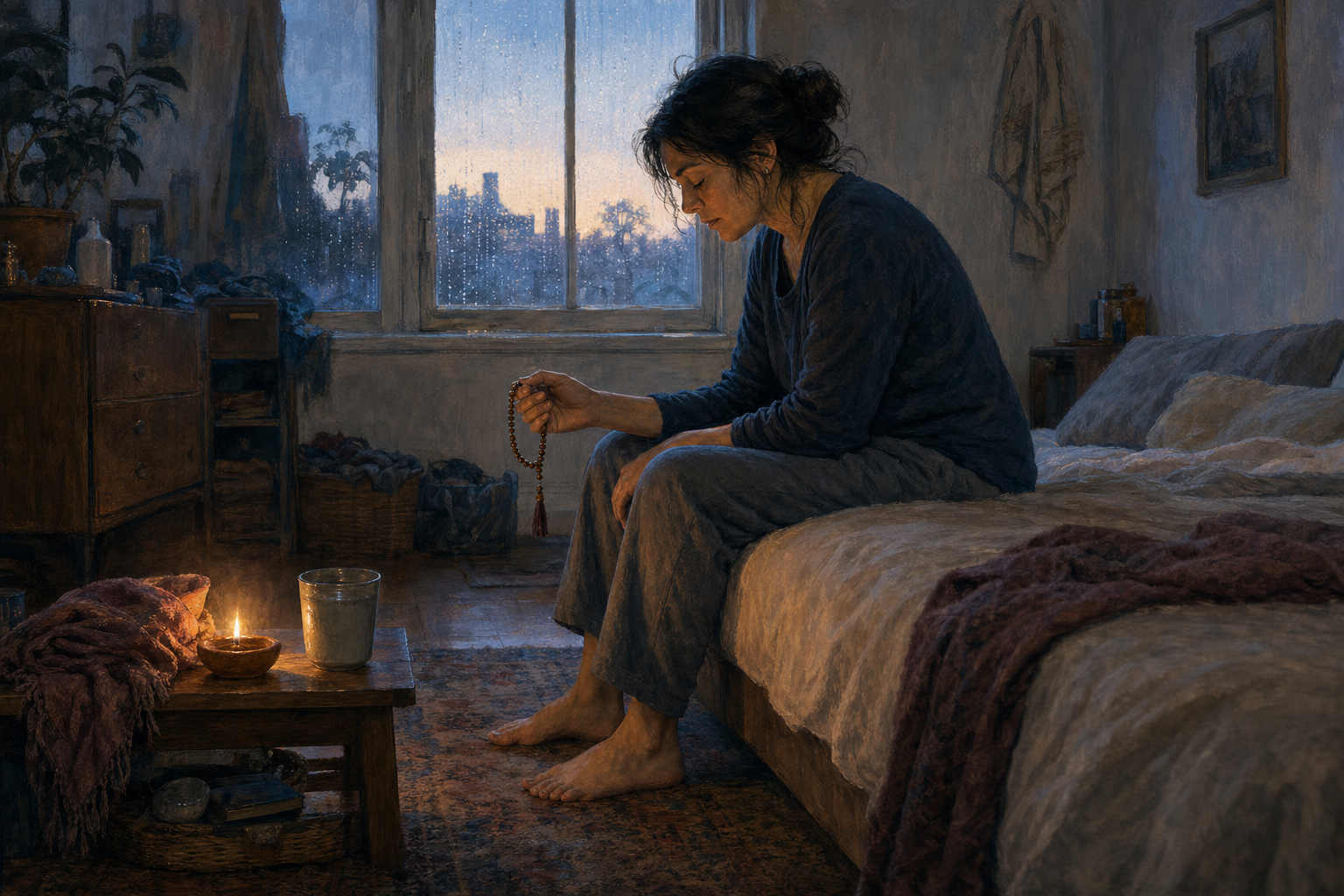 A tired person sits on the edge of a bed before sunrise, holding prayer beads beside a clay lamp and a cup of water.