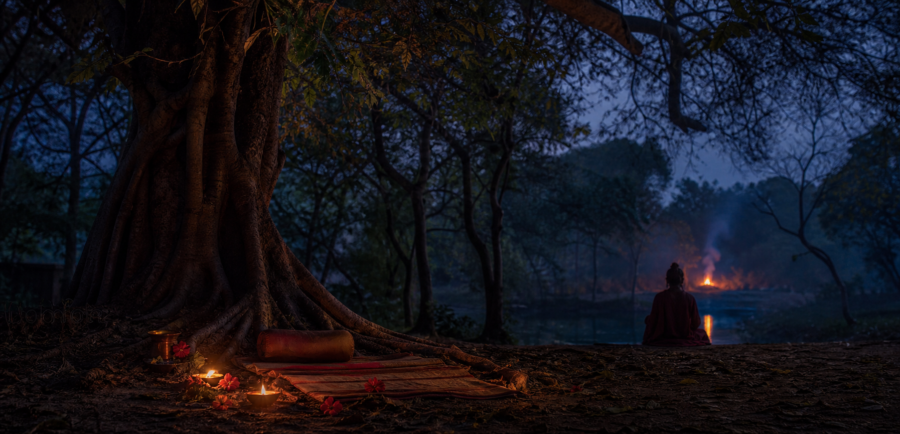 An ascetic meditates beneath a large tree in Tarapith's cremation ground at twilight as lamps glow and distant smoke rises through the woods.