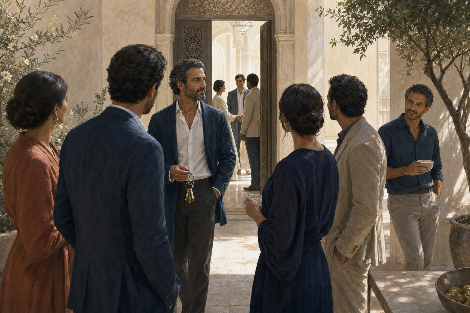 Guests focus on an ornate doorway and a ring of keys while one friend looks directly at the person beside them and offers tea.
