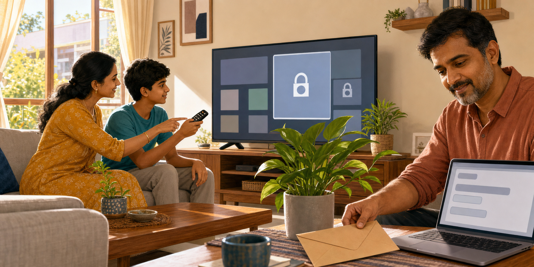 A caregiver and teenager adjust television viewing controls while another adult prepares a complaint on a laptop nearby.