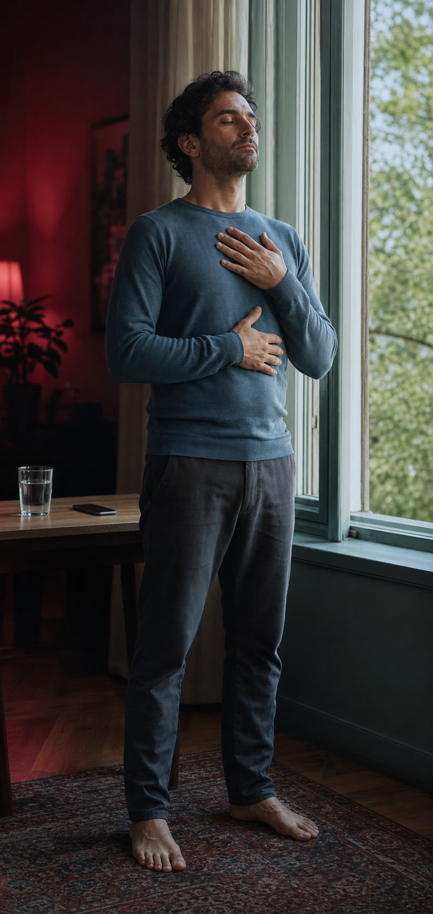 A fully clothed person breathes beside an open window with one hand on the chest, while a phone rests face down behind them.