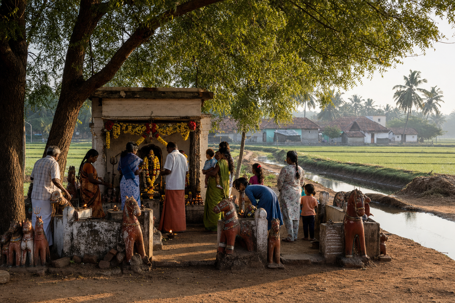 Families gather near a small village deity shrine beneath neem trees beside fields, terracotta horses, lamps, garlands, and food offerings.
