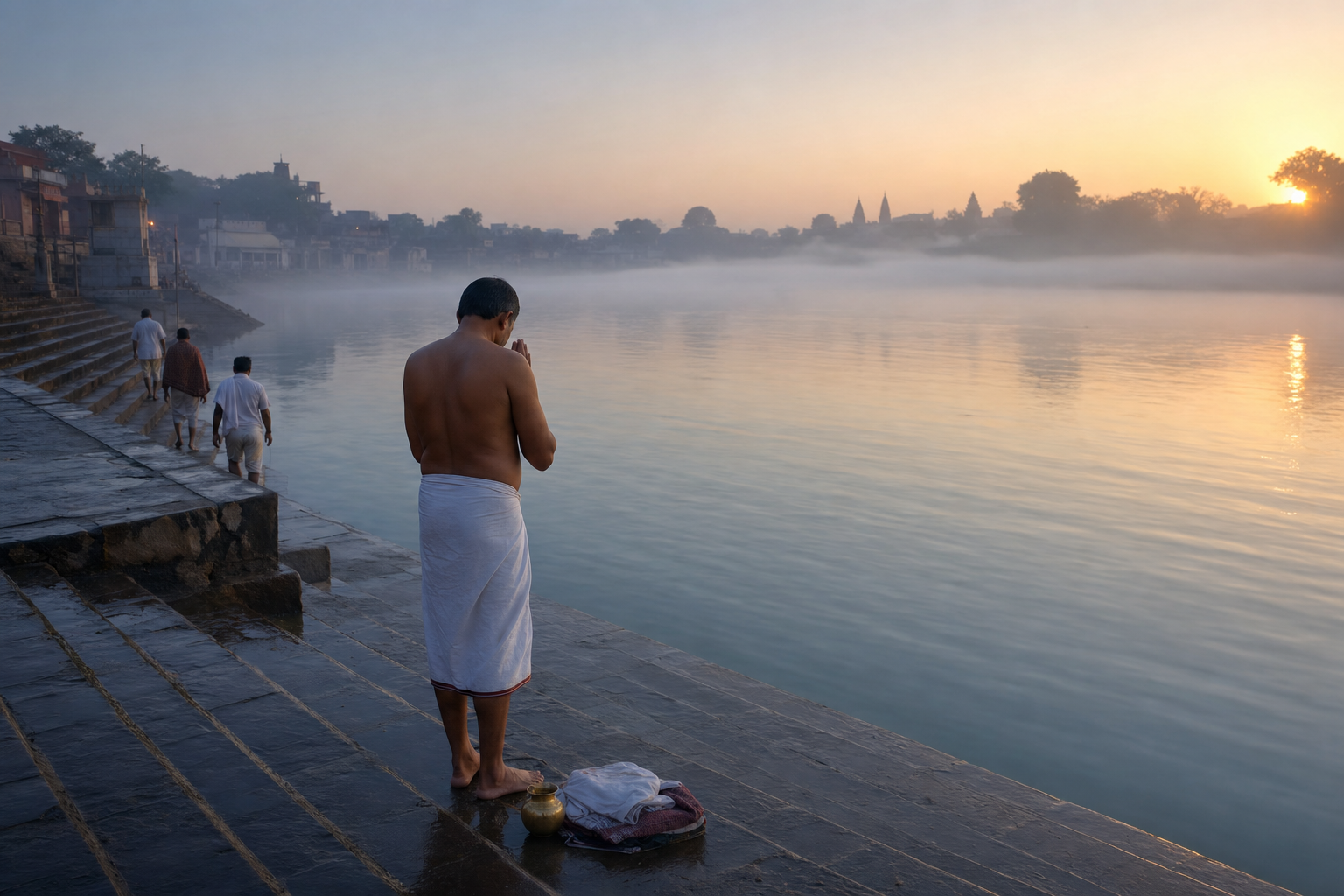 Pilgrims pause in quiet preparation on stone steps beside a misty sacred river at sunrise.