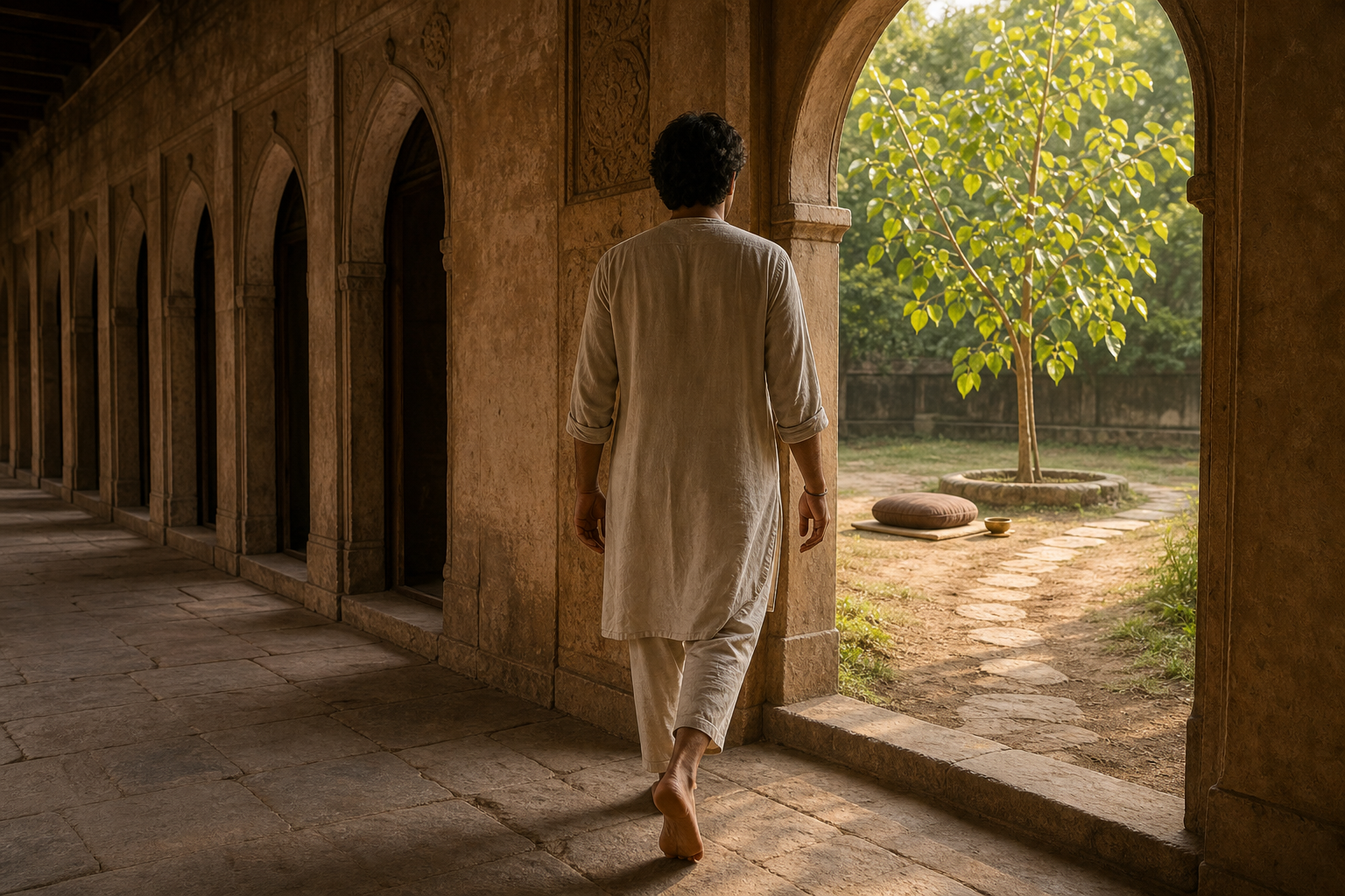 A barefoot person walks toward one open doorway leading to a sunlit courtyard with a cushion, bowl, and small tree.