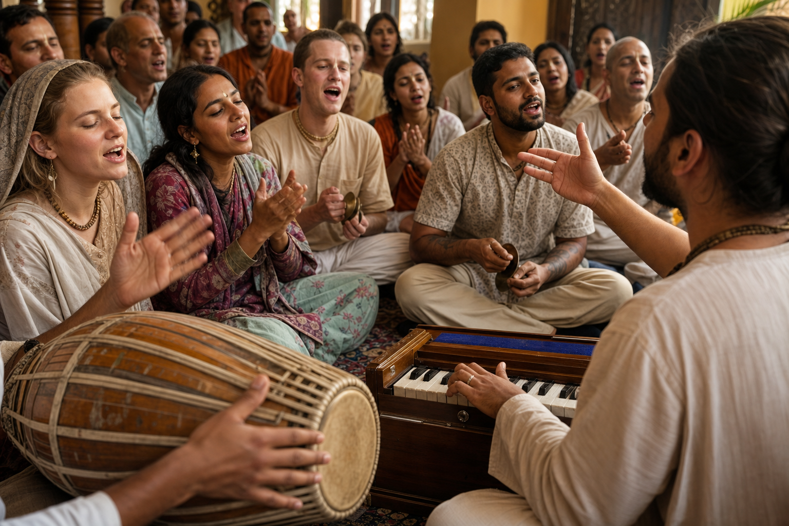 Kirtan participants sing and clap in response to a leader while musicians play harmonium, hand drum, and small cymbals.