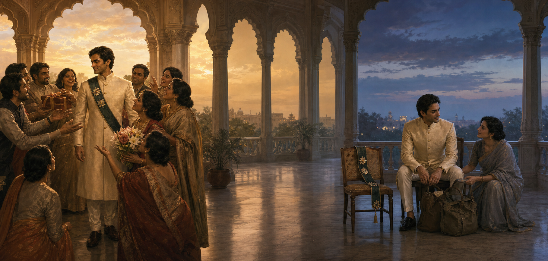 A formally dressed person first receives attention from a crowd and later sits without the sash while one companion remains to help.