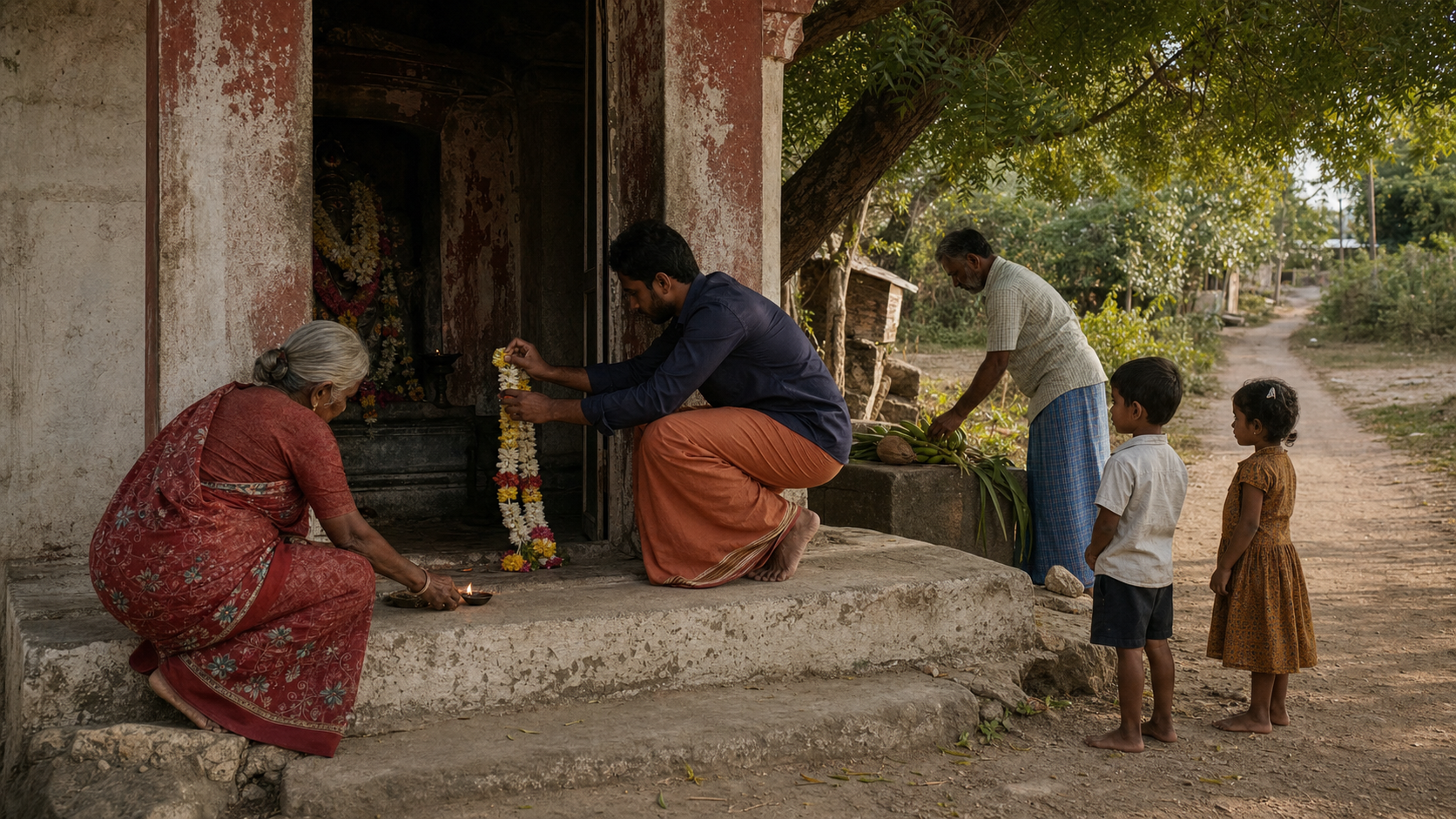 An older woman lights an oil lamp as other villagers renew flowers and leave produce at a shaded village shrine.