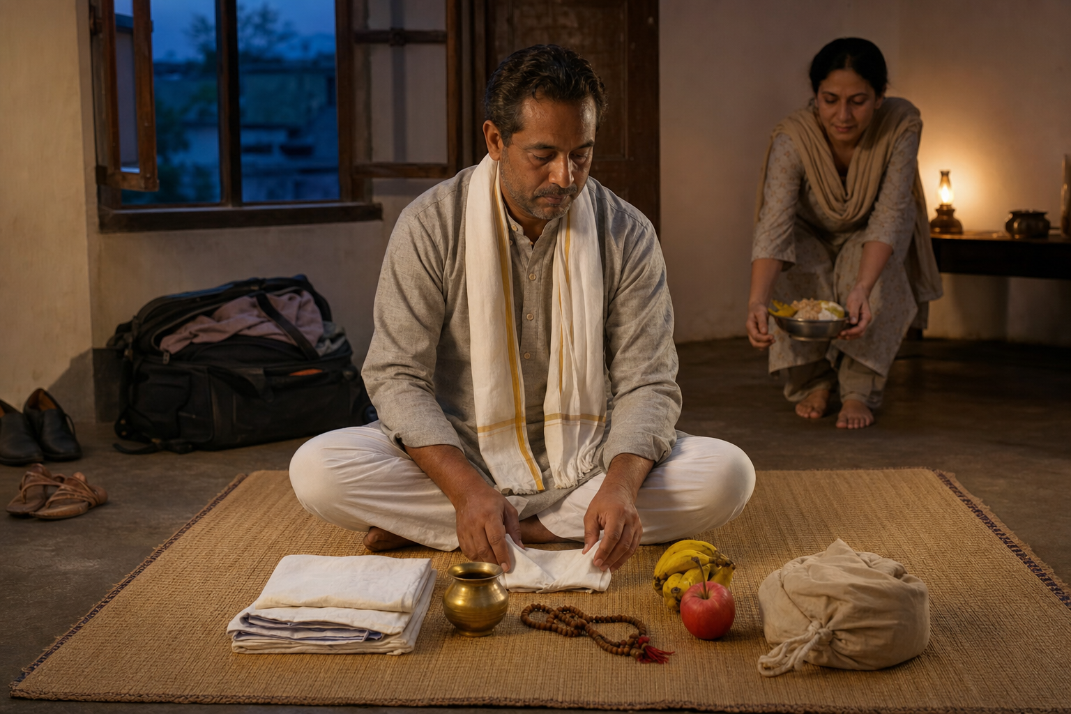 A pilgrim quietly arranges plain clothing, a brass vessel, prayer beads, fruit, and a cloth bag before departure.