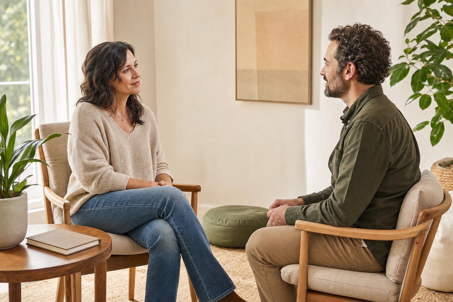 Two adults sit facing each other in a supportive conversation, with a meditation cushion and potted plant nearby.