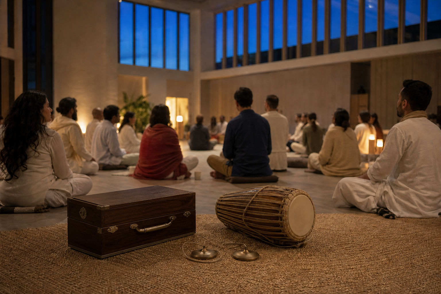 Participants sit quietly beside a resting harmonium, hand drum, and cymbals after a kirtan crescendo.