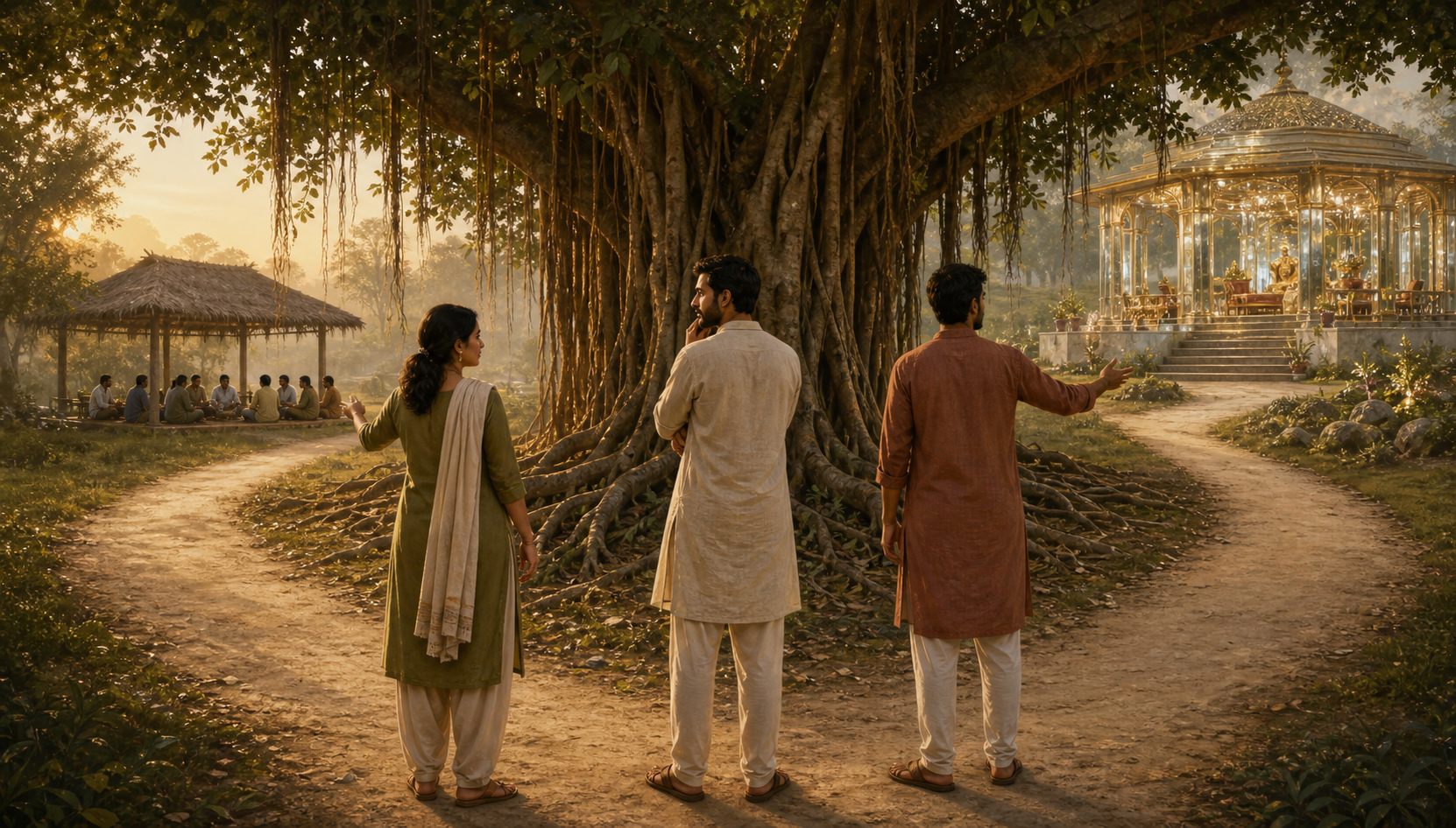 A person pauses beneath a banyan tree where one path leads to a glittering elevated pavilion and another to people seated together at ground level.