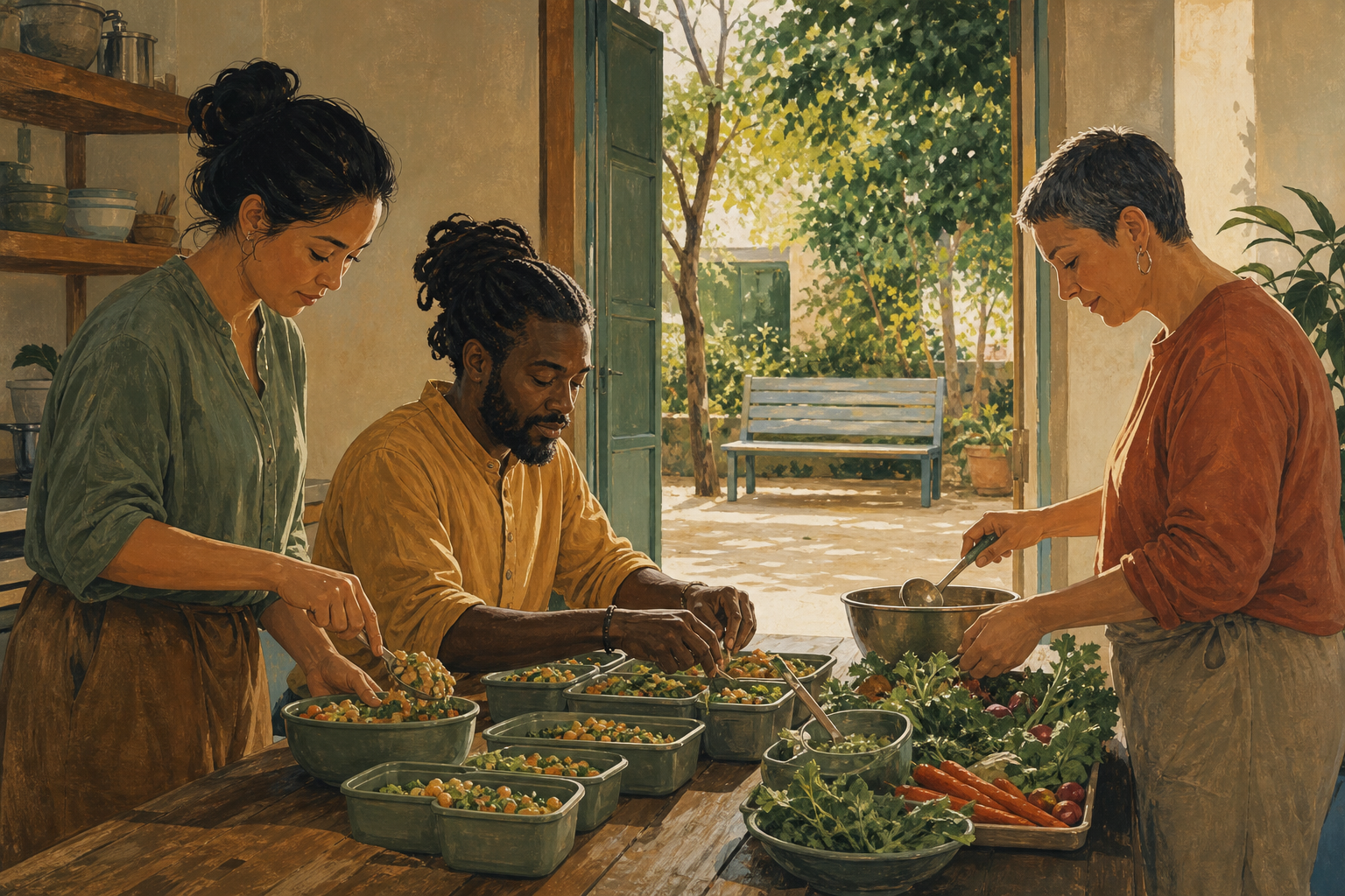 Three calm volunteers prepare meal portions at a wooden table in a sunlit community kitchen beside a leafy courtyard.