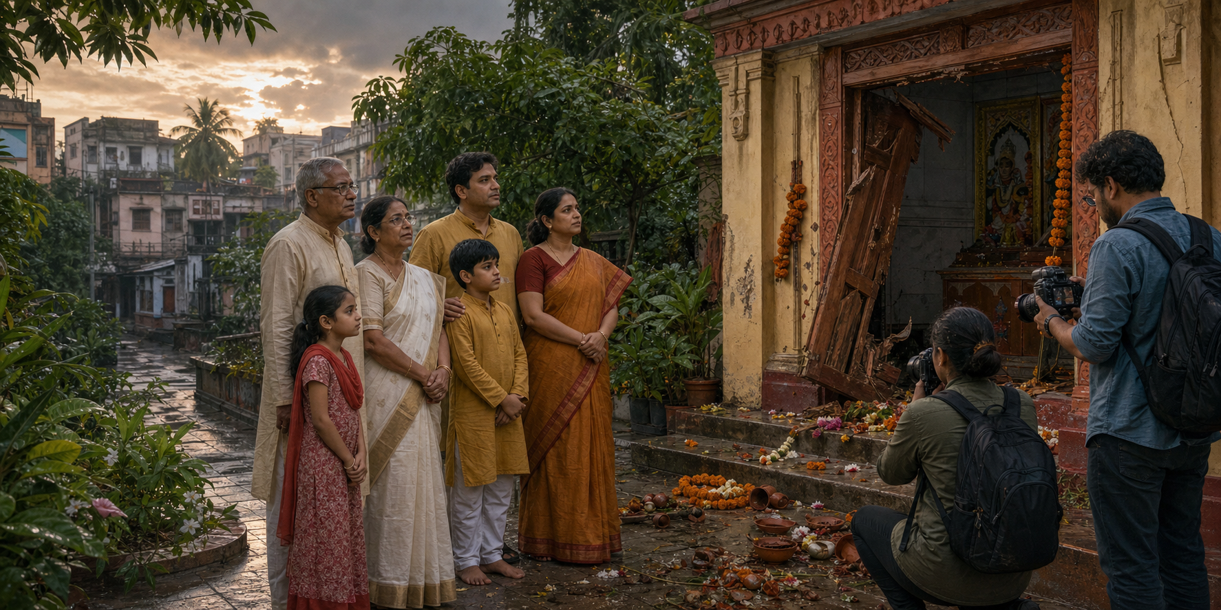 Editorial illustration of a Hindu family and two observers standing in a Bangladesh temple courtyard where a doorway, flower garlands, and clay lamps have been disturbed.
