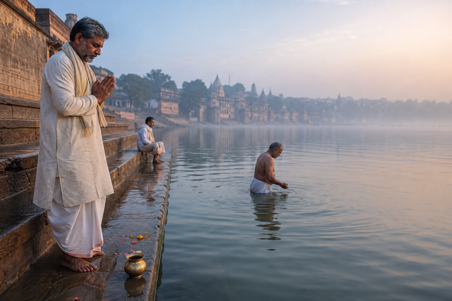 Pilgrims pause, enter the water, and sit quietly along stone steps at a sacred river ghat in the early morning.