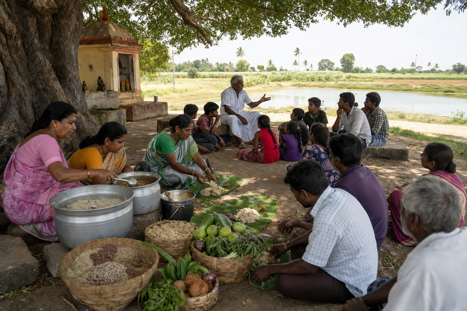 Villagers serve a shared meal on banana leaves while an elder speaks to younger listeners beside a shrine and cultivated fields.