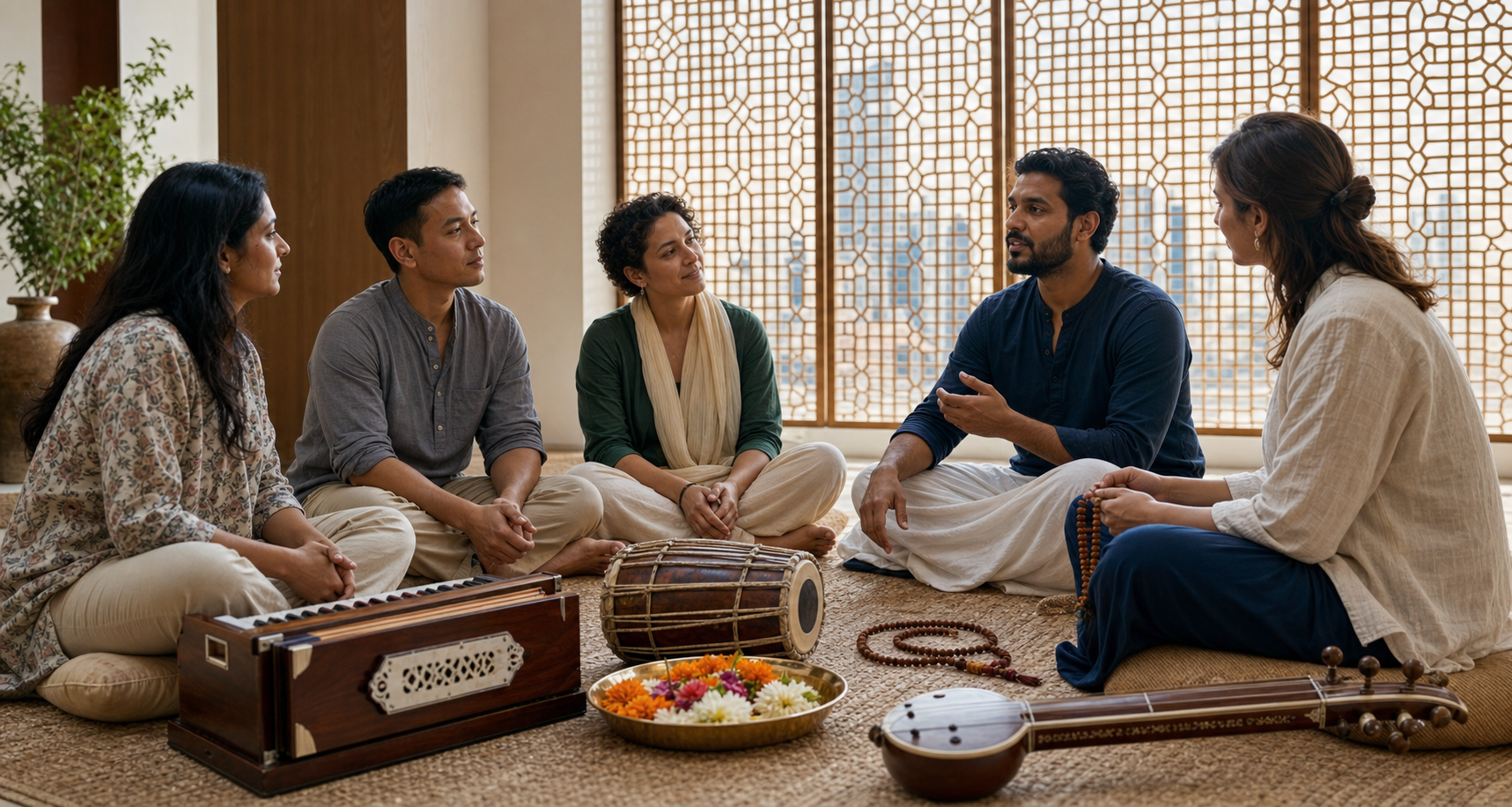 A diverse group sits in a respectful listening circle beside devotional instruments, prayer beads, and flower offerings.