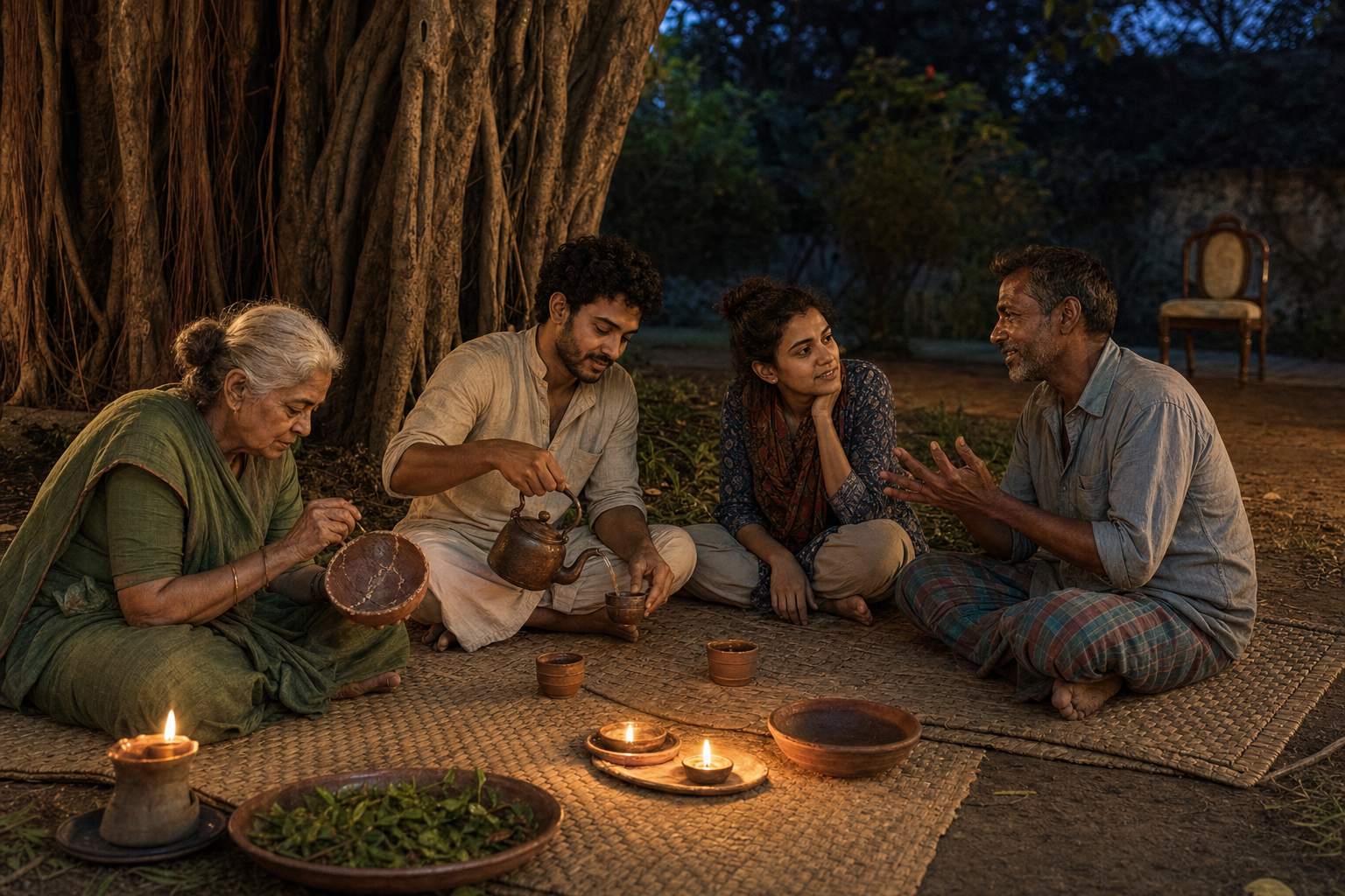 Four people sit together on woven mats beneath a banyan tree, sharing tea, listening, and repairing a clay bowl while an empty ceremonial chair stands in the distance.