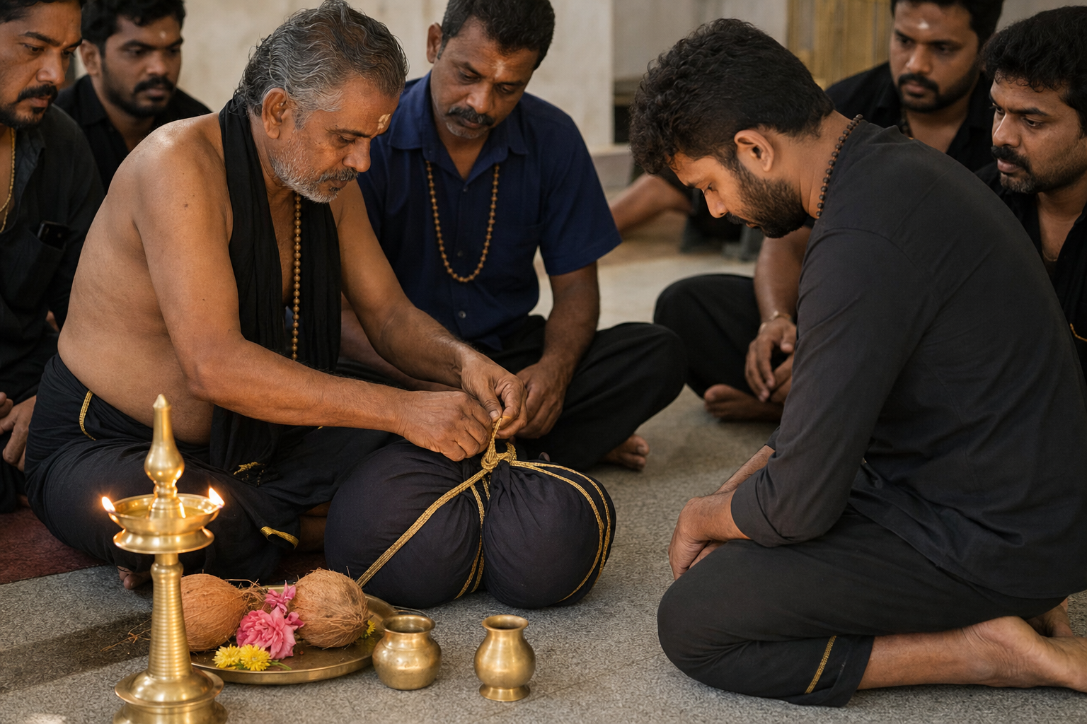 Pilgrims in simple dark clothing prepare and secure an Irumudi cloth bundle with ritual offerings.