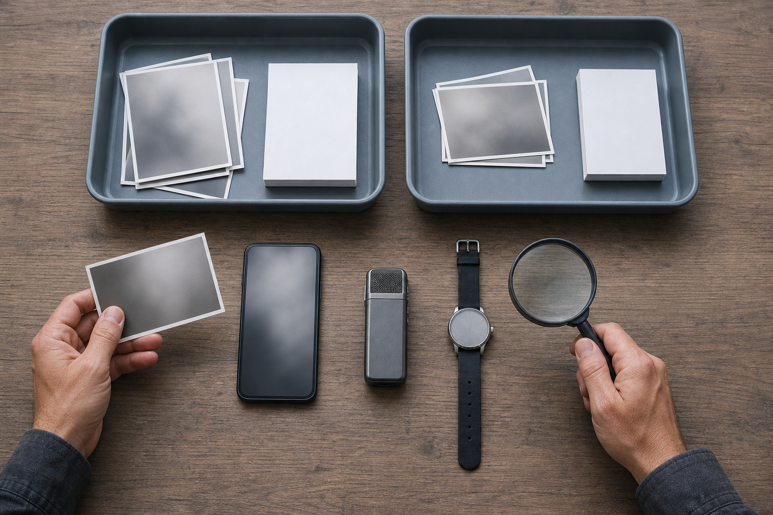Overhead illustration of hands reviewing a phone, recorder, watch, magnifying glass, and blank photographs arranged in separate evidence trays.