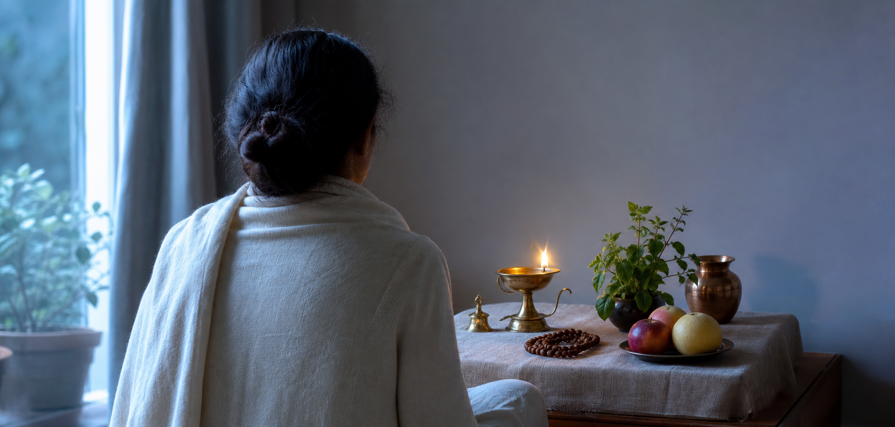 A devotee sits before a simple home altar with a lit brass lamp, prayer beads, tulsi leaves, water, and fruit at dawn.