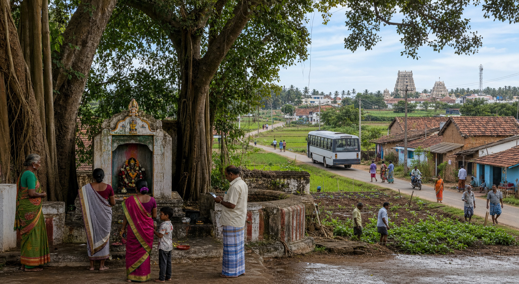 A village shrine stands among homes, fields, a paved road, and everyday modern infrastructure, with a larger temple visible in the distance.