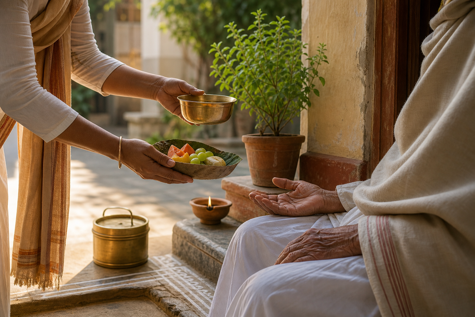 An adult offers water and fruit to an elderly visitor in a clean courtyard beside a clay lamp and tulsi plant.