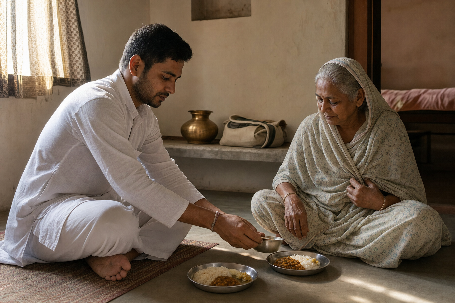 A returned pilgrim serves a simple meal to an older family member beside a cleaned brass vessel and folded travel bag.