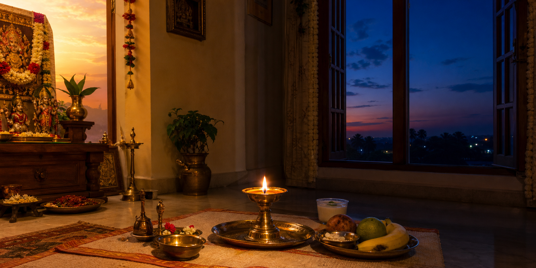 A brass prayer lamp burns steadily as daylight fades into twilight in a quiet home prayer space.
