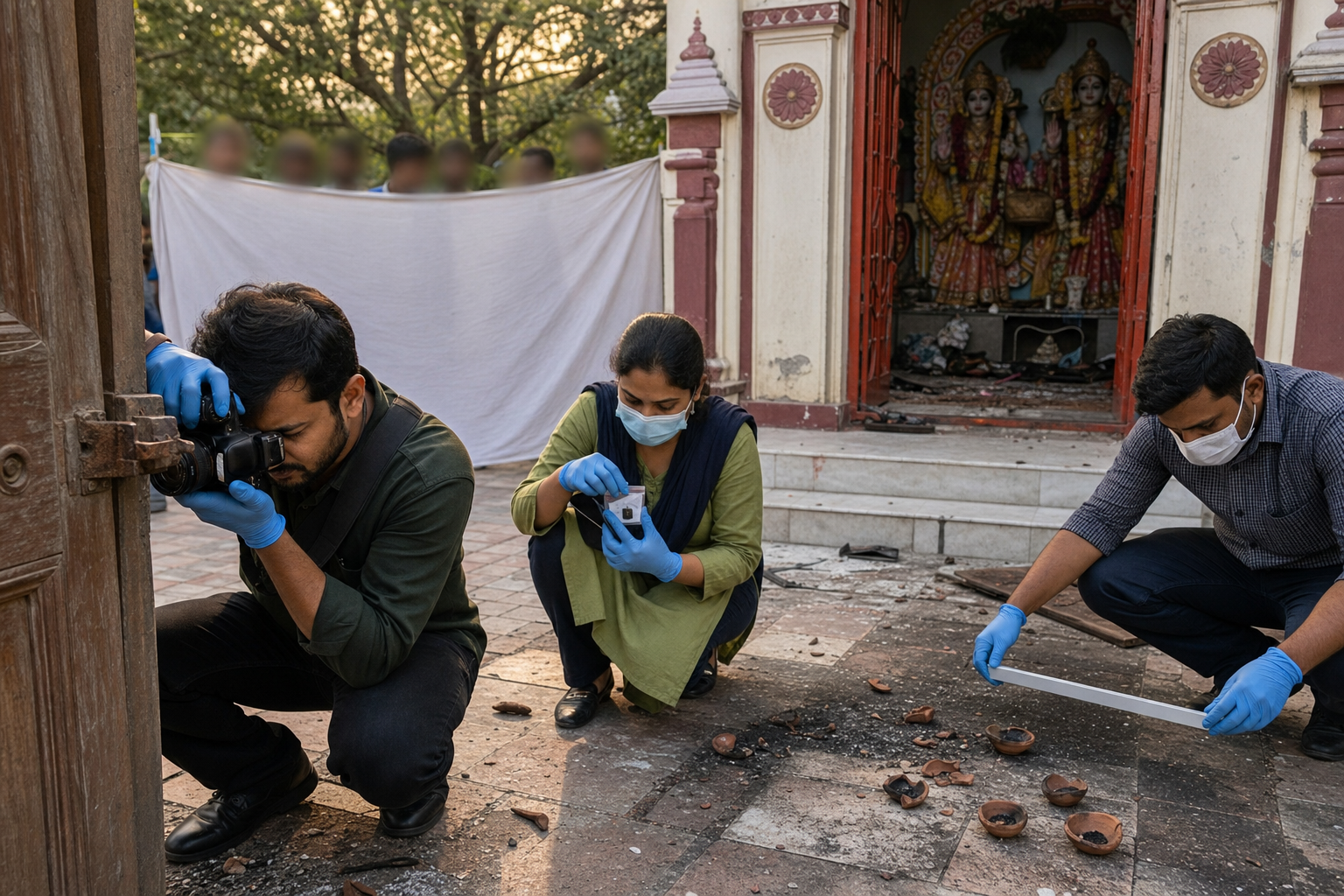 Illustration of an evidence team photographing a broken temple door latch and preserving a memory card while witnesses remain behind a privacy screen.